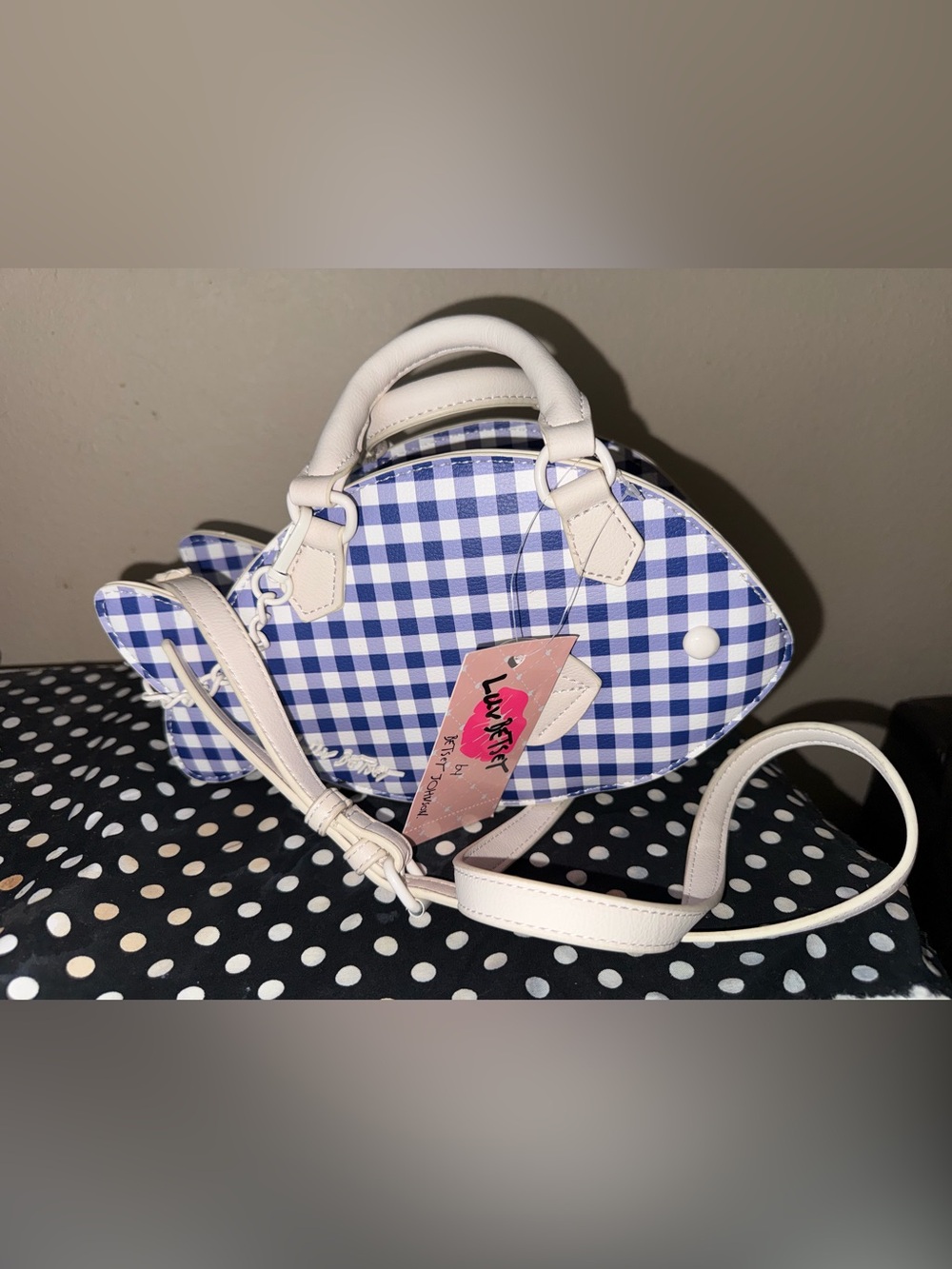 NWT Betsey Johnson blue gingham fish crossbody